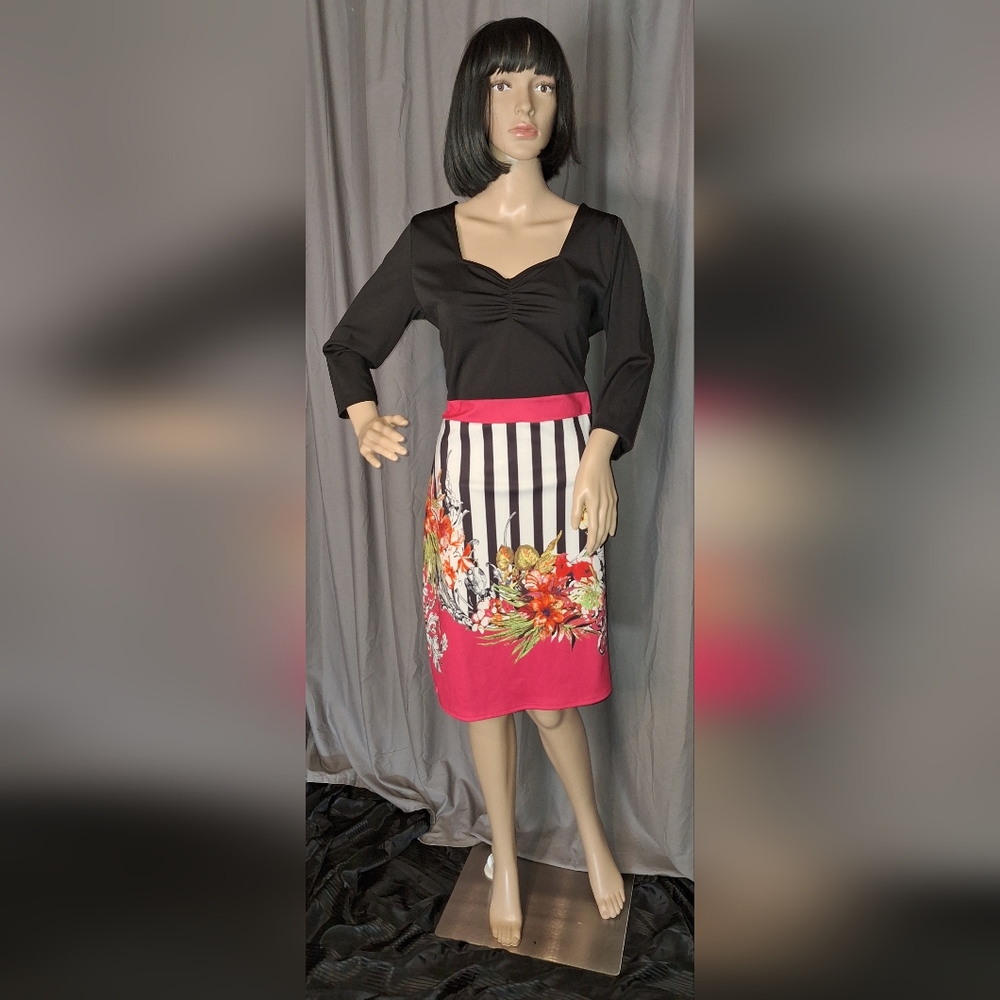 NWT/Finejo women's vintage 3/4 sleeve size XL BLACK TOP WITH FLORAL SKIRT